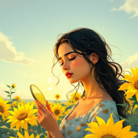 A contemplative young woman stands among sunflowers, holding a mirror, gazing at her reflection as the sun sets, embodying the struggle and serenity of facing painful truths.