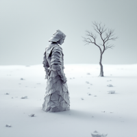 A solitary, origami-like figure in armor stands in a desolate, snowy landscape, gazing at a bare tree, reflecting on the absence of conflict.