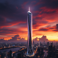 A stunning skyscraper pierces a vibrant sunset, embodying the quote, The only limit is the one you set for yourself, against a city skyline.