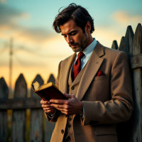 A well-dressed man in a suit stands by a wooden fence, thoughtfully reading a book at sunset, embodying the sentiment, Atticus, he was real nice.