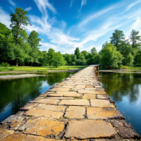 A serene stone bridge stretches over a tranquil river, surrounded by lush greenery. The clear water reflects the sky, evoking thoughts of past and future.