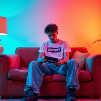 A young man sits on a couch, wearing a t-shirt that reads GUFFET. He holds a gaming device, surrounded by colorful ambient lighting that reflects a playful mood, embodying the challenge of self-laughter.