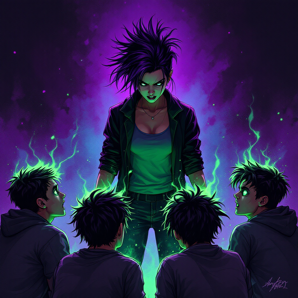 A confident figure stands before three individuals, radiating green energy, embodying the bravery to confront both enemies and friends, set against a dramatic purple backdrop.