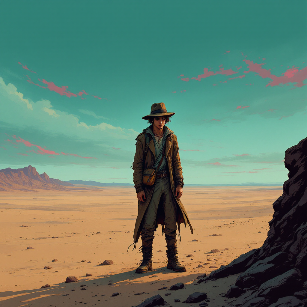 A lone figure stands in a vast desert, wearing a hat and long coat, embodying the solitude of searching for a place to belong, inspired by the quote, For every man must have somewhere to go.