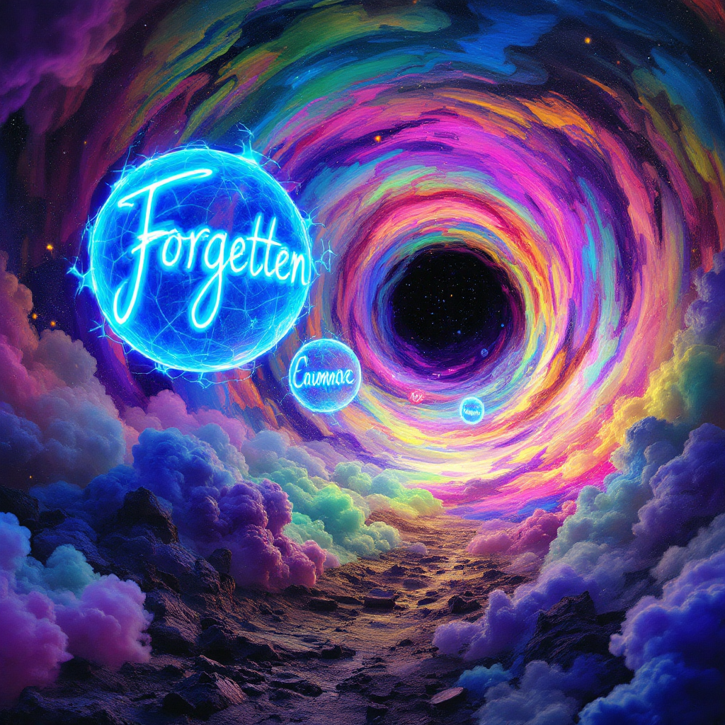 A vibrant, swirling cosmic vortex filled with colorful clouds, featuring glowing spheres labeled Forgotten and Names, evoking the essence of the quote about words as shadows.