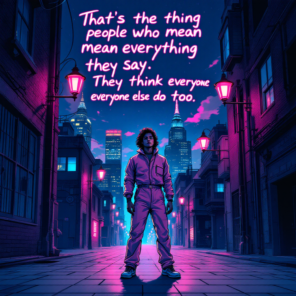 A neon-lit urban street at night features a figure in a tracksuit, standing confidently as a quote about sincerity and perception floats above, capturing the essence of meaningful communication.