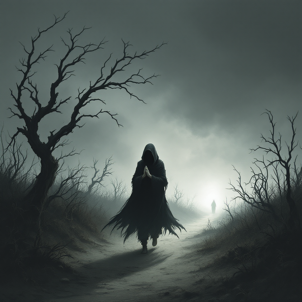 A shadowy figure in a dark cloak walks along a winding path surrounded by barren trees, evoking a sense of searching for something lost amidst a foggy, mysterious landscape.