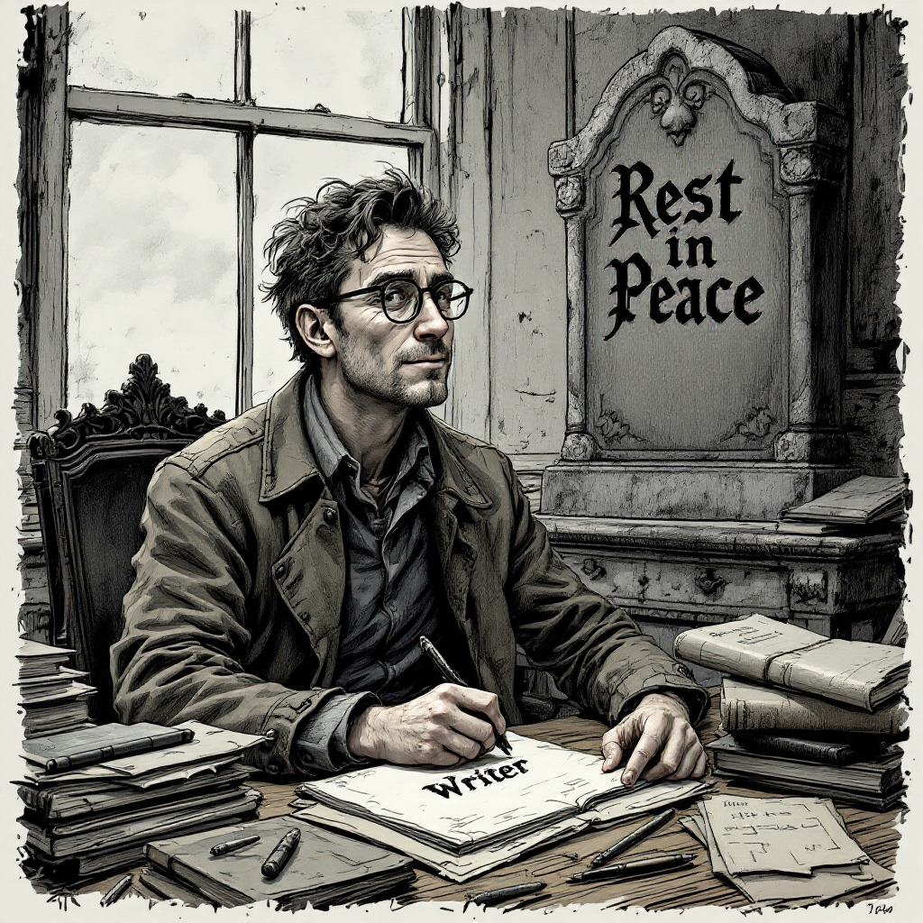 A contemplative writer sits at a cluttered desk, pen in hand, with a backdrop of a tombstone reading Rest in Peace, reflecting on the choice between creativity and mortality.