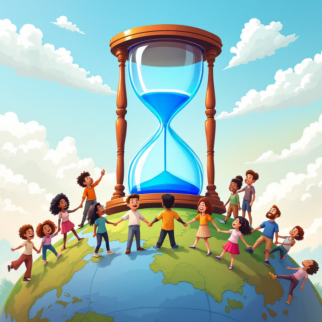 A diverse group of people stands hand-in-hand around a globe, with a large hourglass above them, symbolizing unity and the collective choice to embrace progress amid inevitable change.