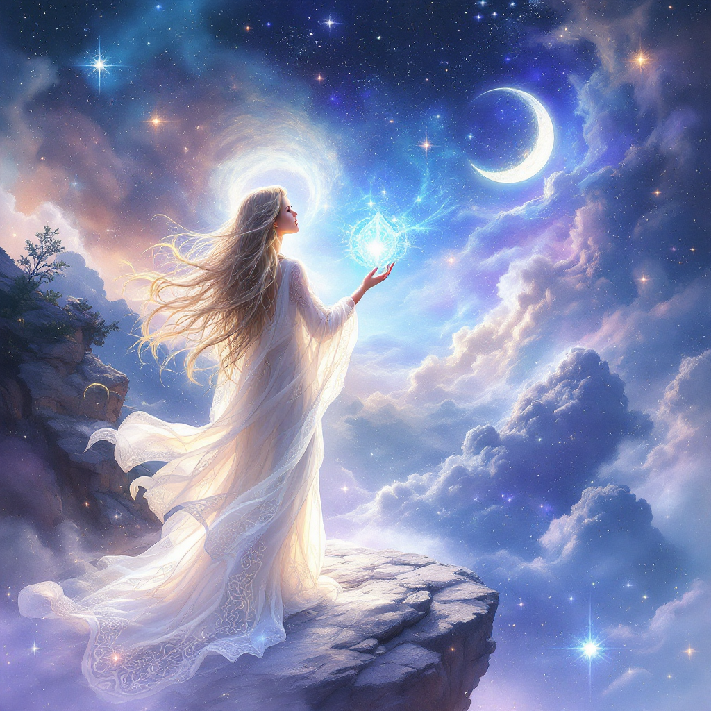 A figure in a flowing white gown stands on a rocky outcrop, extending a glowing hand towards a crescent moon amidst a star-filled sky, symbolizing empowerment and the power of choice.