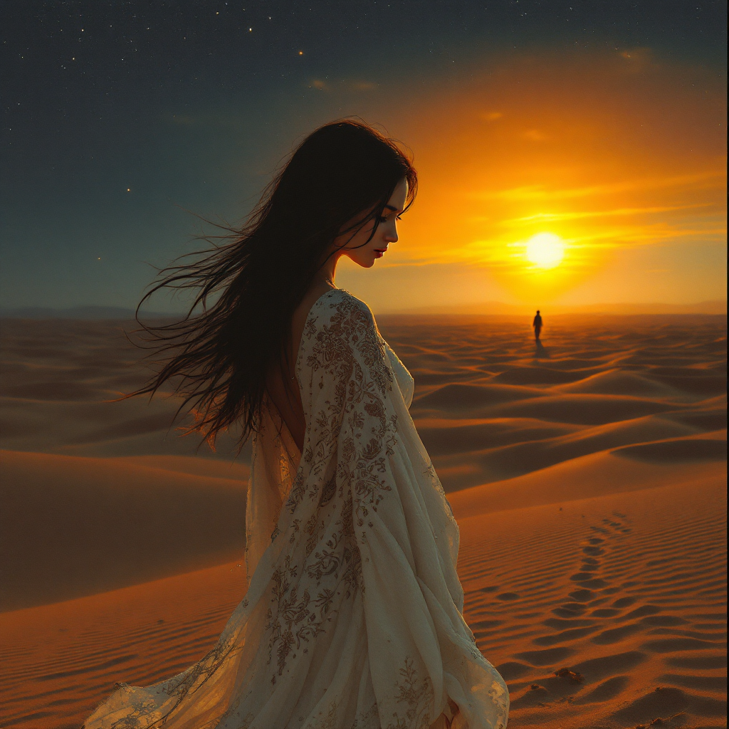 A silhouette of a woman in a flowing white dress stands in a desert at sunset, with a distant figure walking away, embodying a journey of self-discovery and confrontation.