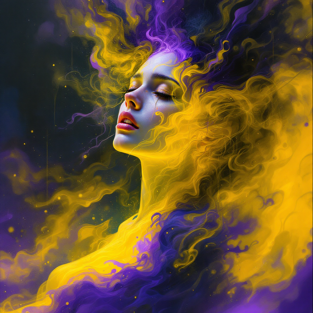 A woman with ethereal, swirling hair in vibrant purple and gold hues gazes serenely, embodying the internal transformation and emotional depth of trauma as described in the quote.