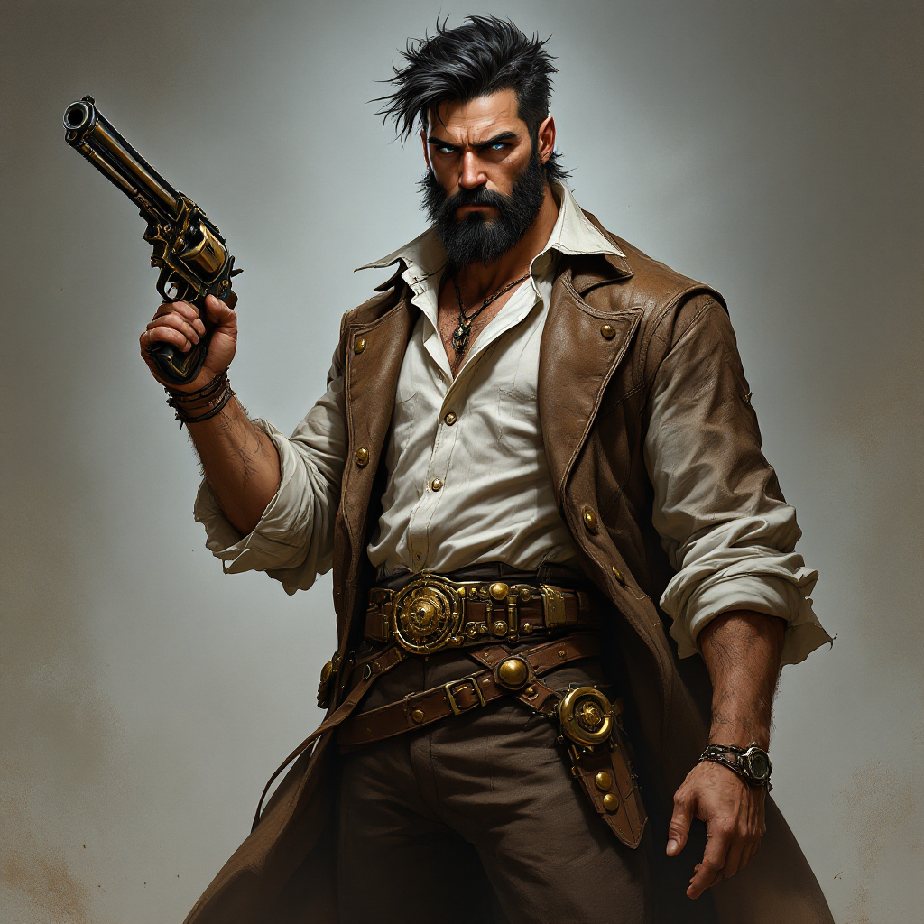 A rugged man with a striking beard holds a revolver confidently, dressed in a long brown coat and shirt, embodying the essence of facing consequences head-on.