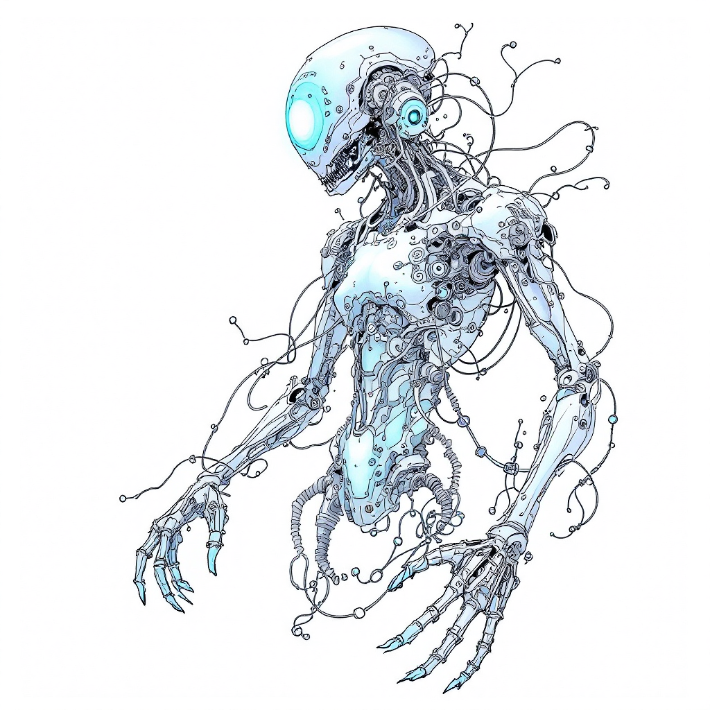 A humanoid figure made of intricate wires and glowing components, embodying the essence of transformation and the continuous evolution of identity.