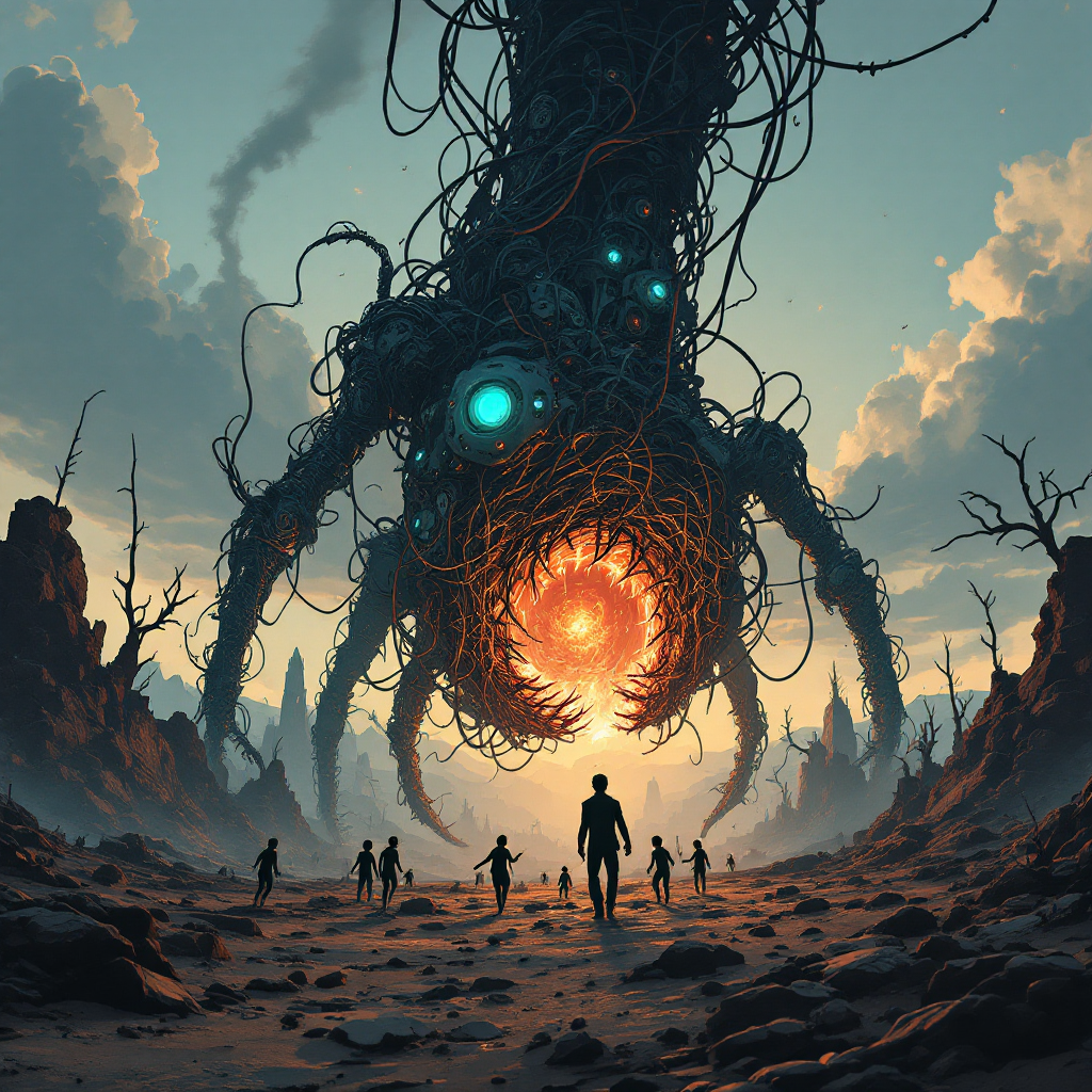 A surreal landscape features a towering, tentacled entity emerging from a fiery sun, with shadowy figures standing in awe and fear beneath an ominous sky, evoking incomprehensible terror.