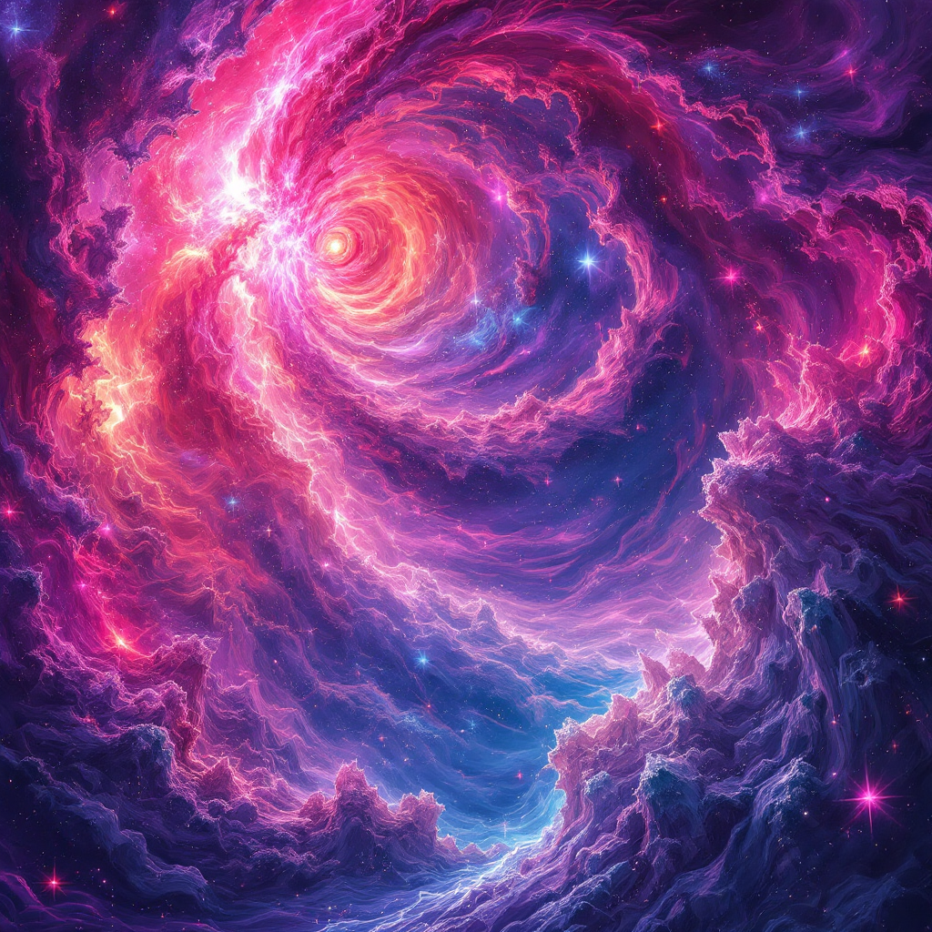 A vibrant cosmic swirl of deep purples, blues, and pinks, representing the complexity and chaos of the universe, with swirling clouds and stars set against a boundless backdrop.