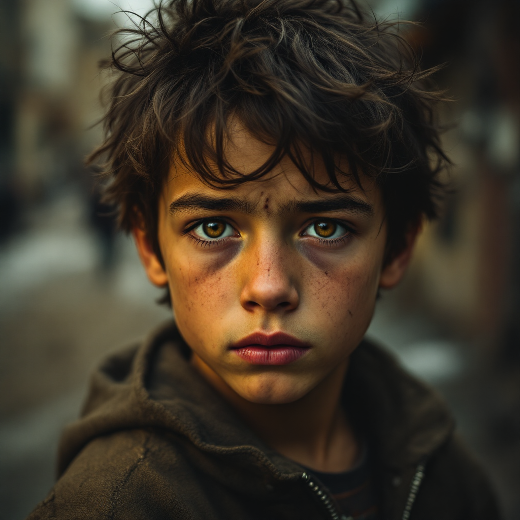 A young boy with messy hair and intense eyes stands in a gritty urban setting, conveying a sense of resilience and determination, echoing the quote about remembering a boy for his actions.