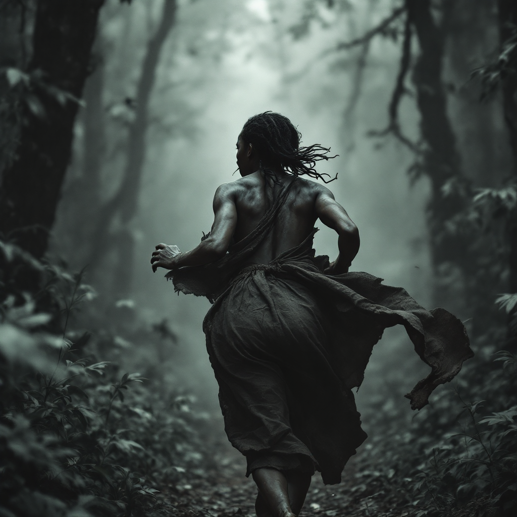 A woman runs through a misty forest, embodying the struggle for freedom, echoing Cora's journey as a slave with no choice but to escape for her liberation.