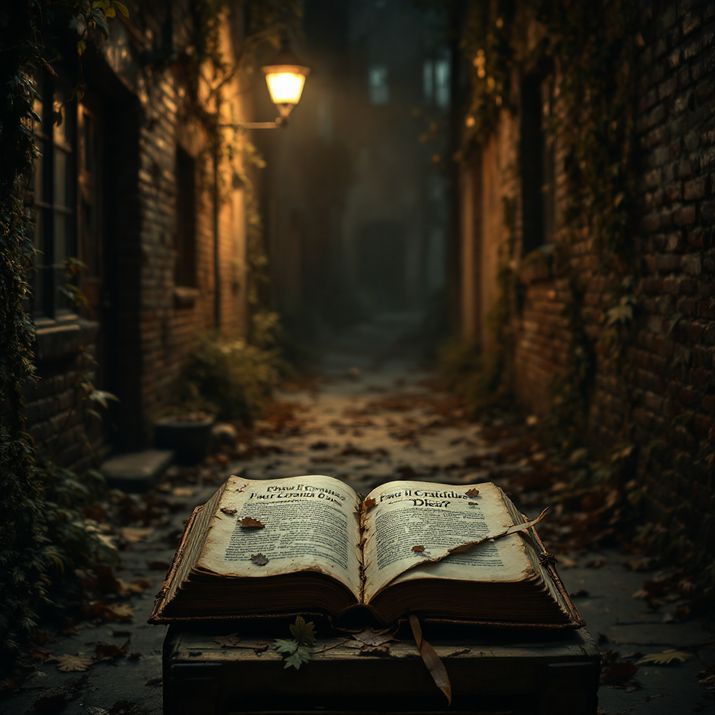 An open book lies in a dimly lit, cobblestone alley, surrounded by fallen leaves and creeping vines, reflecting on the philosophical dilemma of God's existence and moral permissibility.