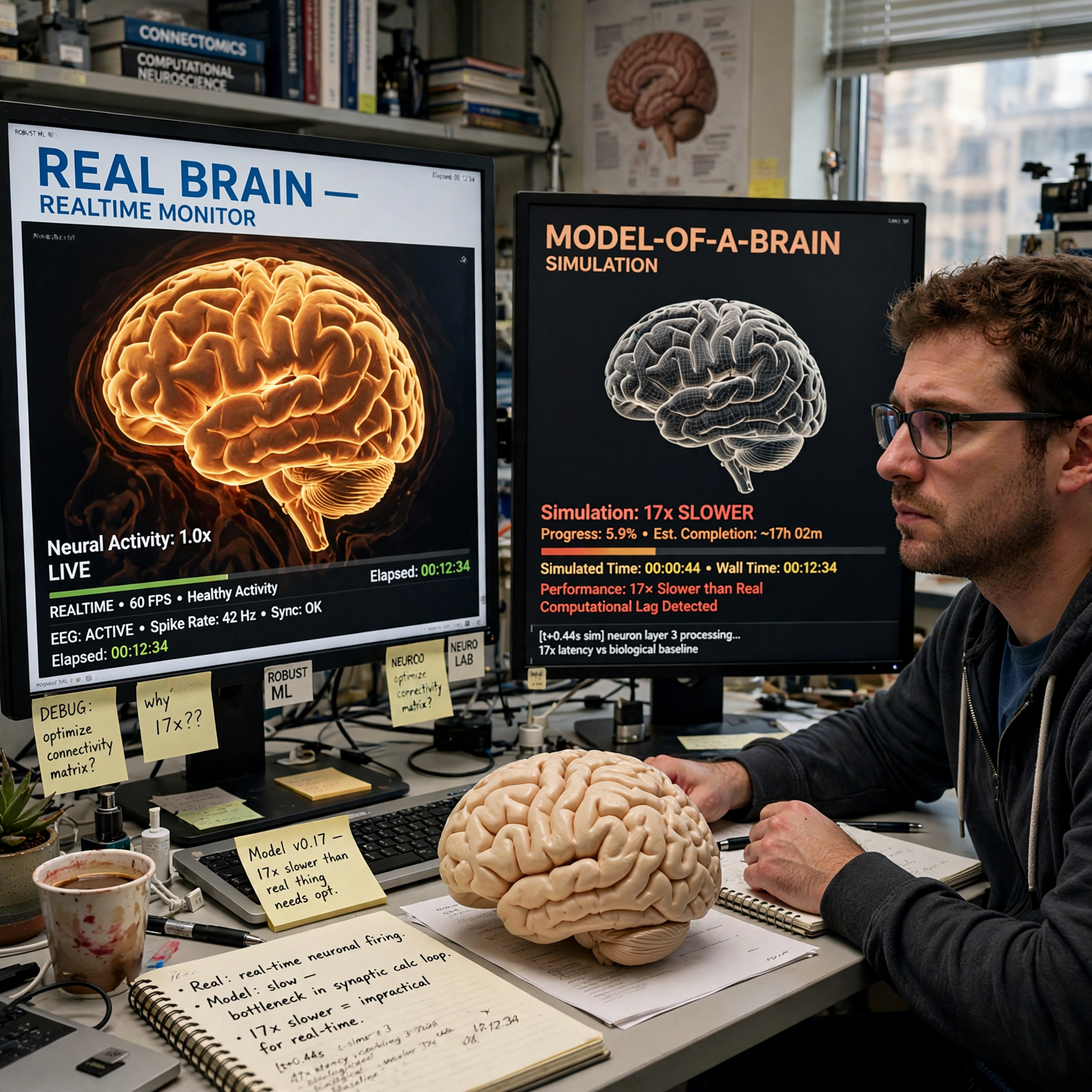 A man studies a detailed brain model and computer screens showing a brain simulation running 17 times slower than a real brain, surrounded by notes and books.