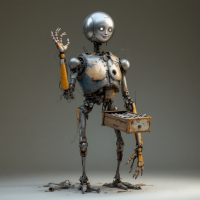 A quirky, battered robot with thin, bird-like legs and a barrel-shaped torso. Its silvery, androgynous head projects a cheerful face, while its array of polished limbs adds contrast.