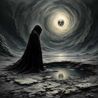 A cloaked figure stands near a dark, reflective pool, gazing at a swirling sky illuminated by a ghostly moon, embodying the struggle against inner fears and the unknown.