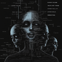 A digital artwork featuring multiple robotic faces intertwined with circuitry, emphasizing themes of disconnection and truth, reflecting the idea of Homo sapiens as a post-truth species.