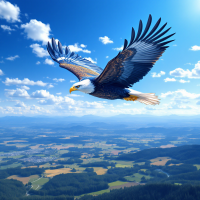 A majestic eagle soars high above a vast landscape, embodying the quote, The higher we soar, the smaller we appear to those who cannot fly, against a backdrop of clear blue skies and rolling hills.