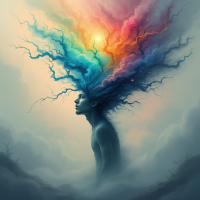 A silhouette of a thoughtful figure embodies vibrant, colorful thoughts represented as flowing, electric hair, illustrating the quote about the transformative power of one's thoughts.