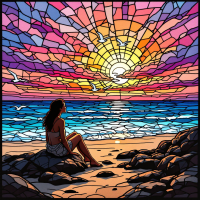 A woman sits on the beach, gazing at a vibrant sunset over the ocean, reflecting a sense of peace and the simplicity of happiness amidst nature's beauty.