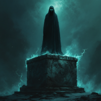 A cloaked figure with glowing eyes stands ominously on a stone pedestal, surrounded by swirling mist and sparks of lightning, embodying the quote about the uncertainty of existence.