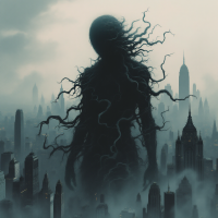 A dark, towering figure with tendrils rises over a foggy cityscape, embodying the quote about enemies lurking regardless of their affiliation, evoking a sense of looming danger.