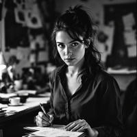 A focused woman sits at a cluttered desk, pen in hand, surrounded by papers and coffee cups, embodying determination and creativity under pressure in a black-and-white setting.