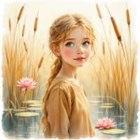 A young girl with wavy hair stands by a tranquil marsh, surrounded by tall grasses and pink water lilies, embodying a connection to her natural roots.