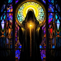 A silhouetted figure in a dark robe stands with outstretched arms, surrounded by vibrant stained glass, radiating a golden light that symbolizes a magnetic pull.