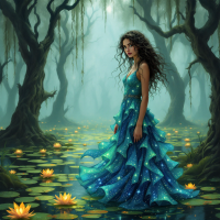 A young woman in a shimmering blue gown stands in a mystical marsh, surrounded by lily pads and trees, embodying the essence of her marshy roots.