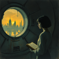 A young woman stands by a round window, holding an open book, gazing out at a sunset view of a city skyline, reflecting on the nature of games and their endings.