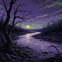 A winding river flows through a barren landscape under a purple sky, with bare trees reaching towards the darkening horizon, evoking a sense of solitude and reflection.