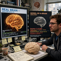 A man studies a detailed brain model and computer screens showing a brain simulation running 17 times slower than a real brain, surrounded by notes and books.