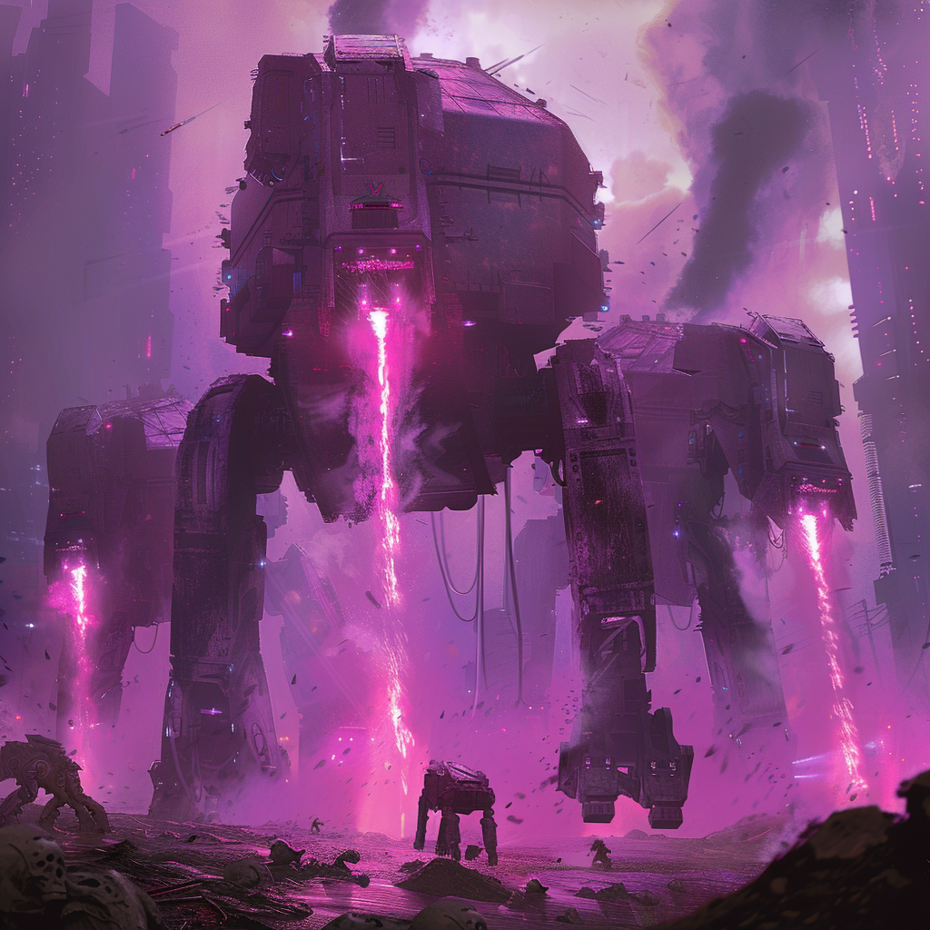 Giant armored machines resembling rectangular dinosaurs rise from debris on columns of violet flame. They feature wedge-shaped heads with cannons and mandible-like guns, with folded legs and shimmering force fields.