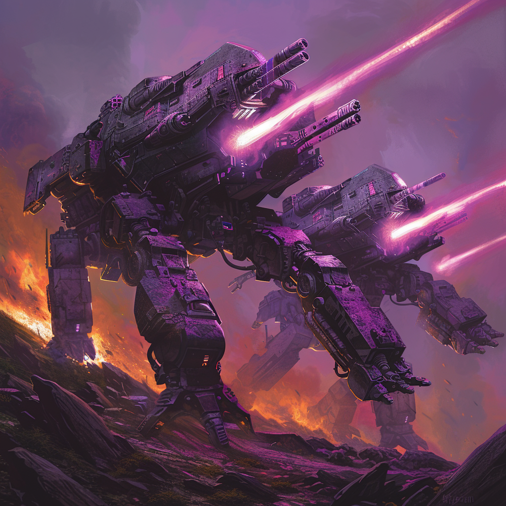 Two armored, dinosaur-like machines with blunt, wedge-shaped heads and cannon barrels for eyes rise from debris on violet flames. They have folded stumpy legs and are surrounded by shimmering force fields.