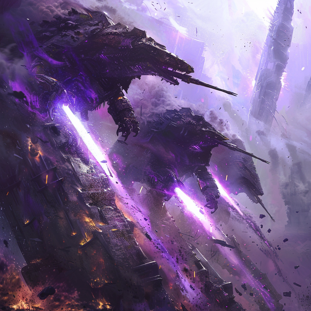 Armored mechanical dinosaurs with wedge-shaped heads rise from debris on violet flames. Cannon barrels jut from their heads, with smaller guns like mandibles. Three stumpy legs are folded against their sides.