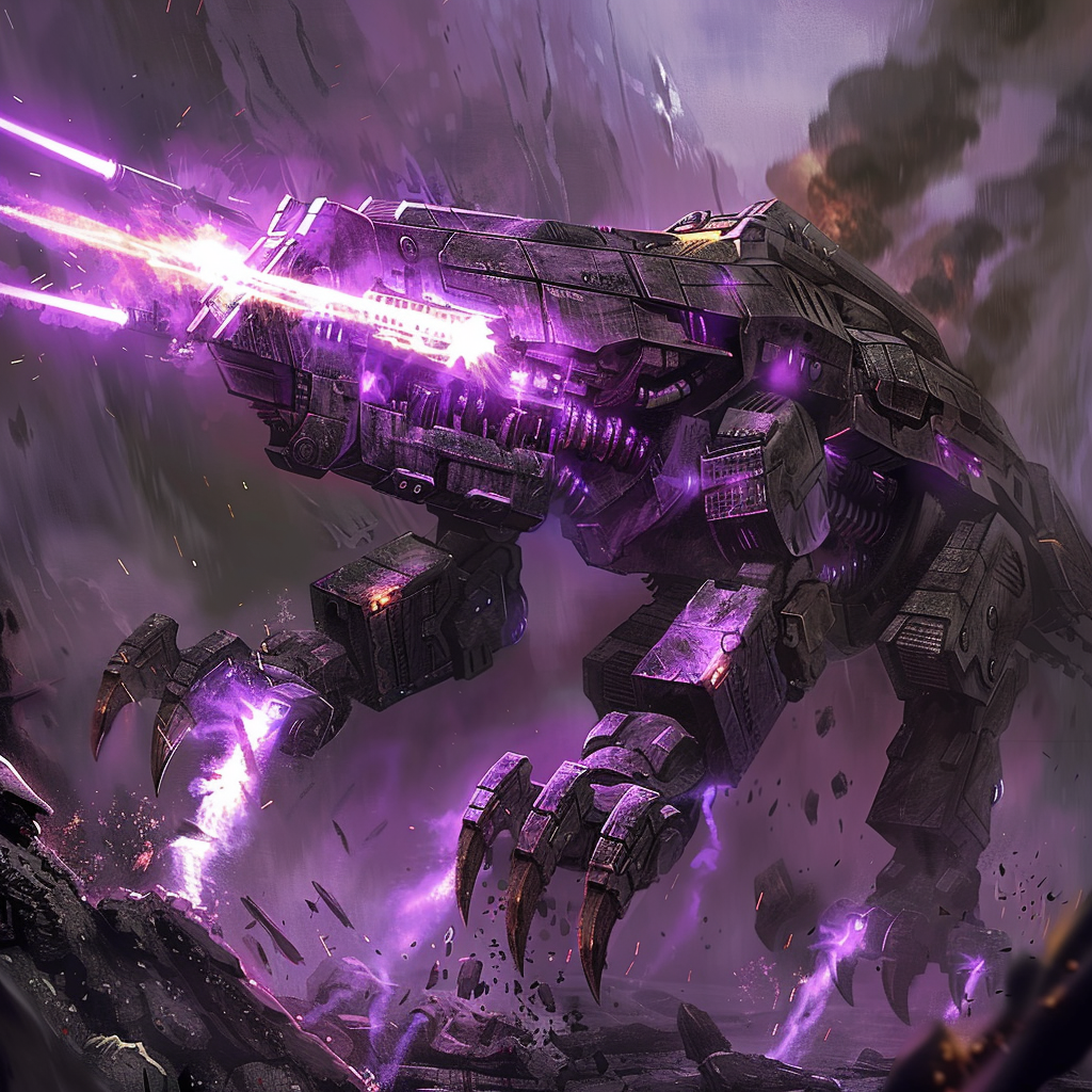 A massive, armored, rectangular dinosaur-like machine emits columns of violet flames and fires thick cannons from its wedge-shaped head. Smaller guns resemble lethal mandibles. Its force fields shimmer.