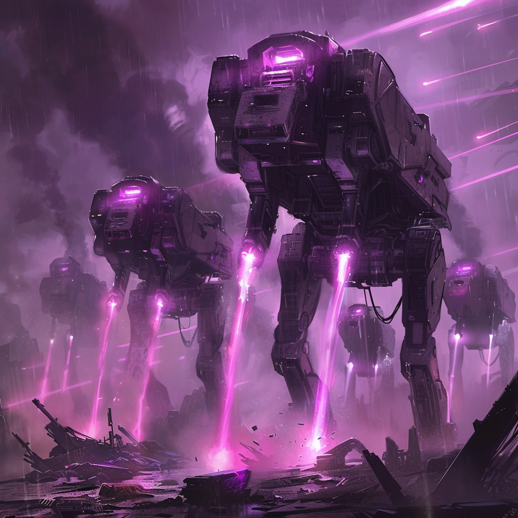 Armored, rectangular dinosaur-like machines with violet flames rise from debris, displaying wedge-shaped heads, cannon barrels instead of eyes, and stumpy folded legs, surrounded by shimmering force fields.