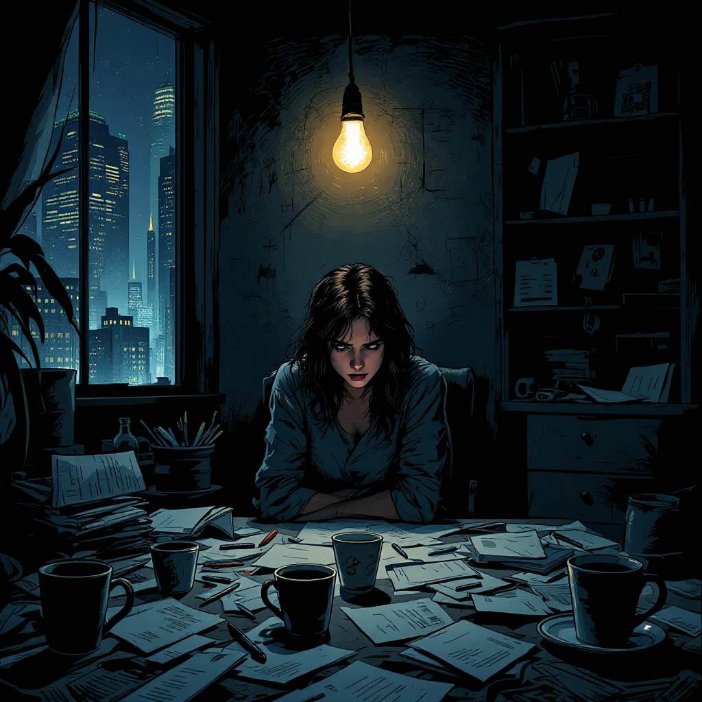 A woman sits at a cluttered table illuminated by a single bulb, surrounded by papers and empty coffee cups, embodying the quote about offering only confusion amidst city lights.