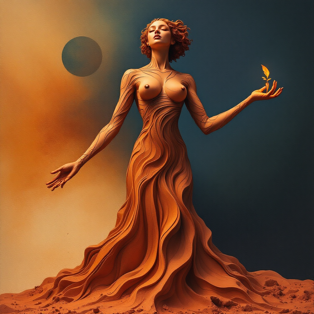 A sculptural figure of a woman, elegantly standing with flowing waves, holds a small leaf in one hand against a dramatic background of warm tones and a dark sphere, embodying resilience and strength.