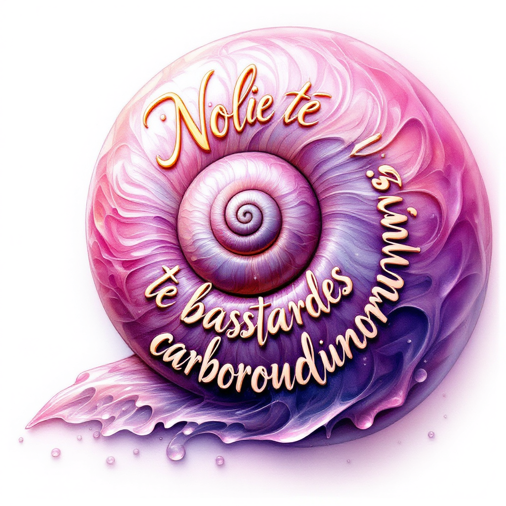 A vibrant, stylized nautilus shell features the quote Nolite te bastardes carborundorum in elegant, swirling text, blending shades of pink and purple against a soft background.