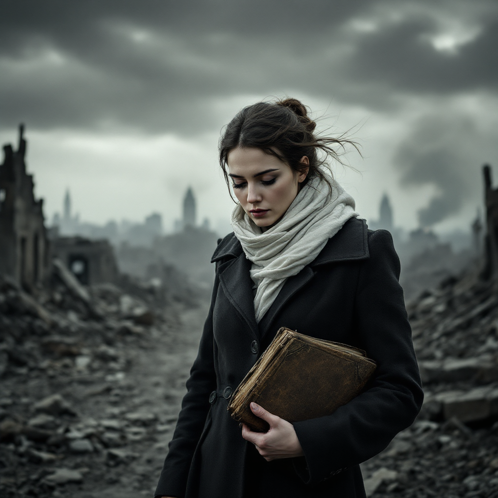 A woman stands in a desolate landscape of ruins, holding an old book, embodying the weight of the quote on the nature of war as a crime, against a backdrop of dark, ominous clouds.