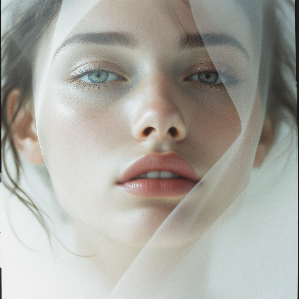 A close-up portrait of a young woman with striking green eyes and a serene expression, partially veiled, embodying the idea that people are a blend of their experiences, not just their mistakes.