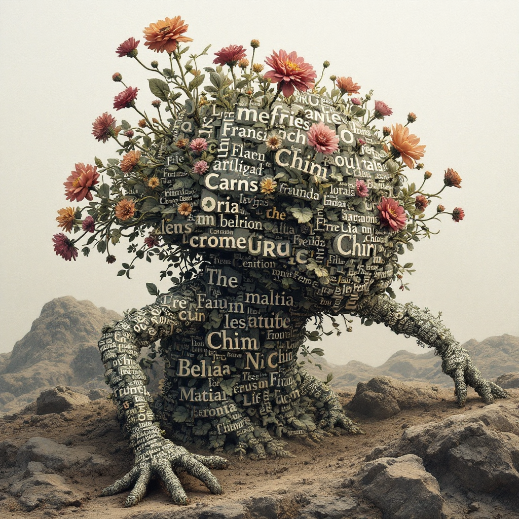 A surreal figure composed of words and blooming flowers emerges from rocky terrain, embodying the quote Le langage est source de malentendus through its intricate, textural design.